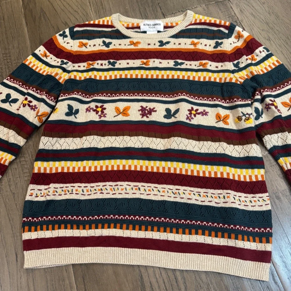 Alfred Dunner Petite‎ Sweater PM Fall Colors Leaves Stripes Knit Womenswear